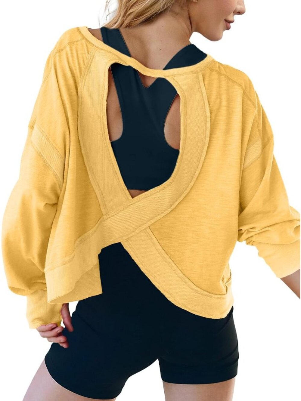 Women's Yellow Long Sleeve Cropped Top Athletic Clothes Running Workout T Shirts - Picture 3 of 5